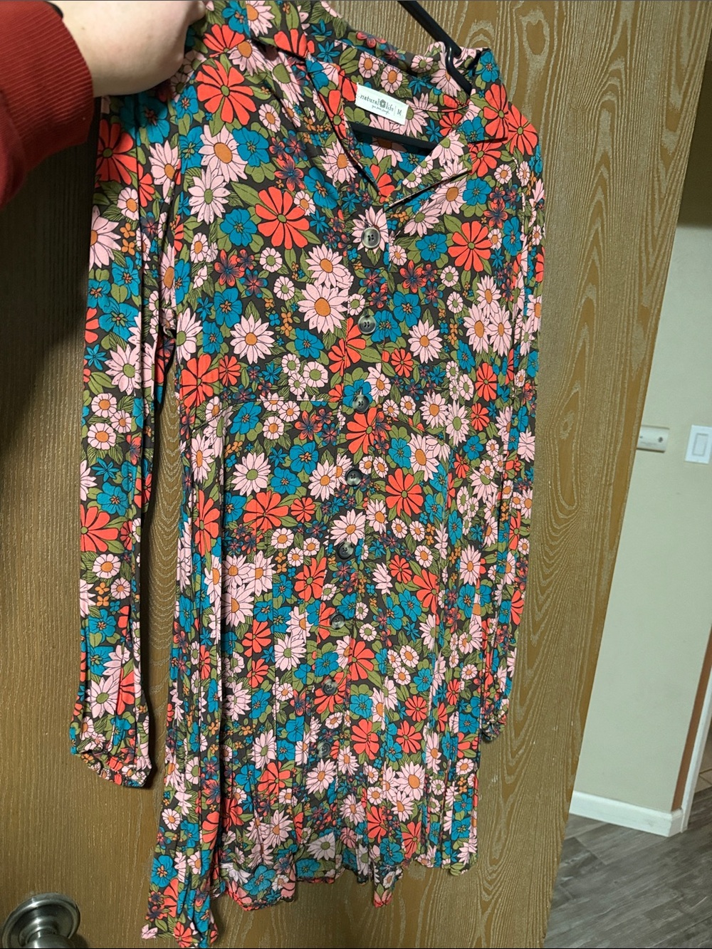 Natural Life Floral Retro Button-Front Long Sleeve Dress Multi Color Midi